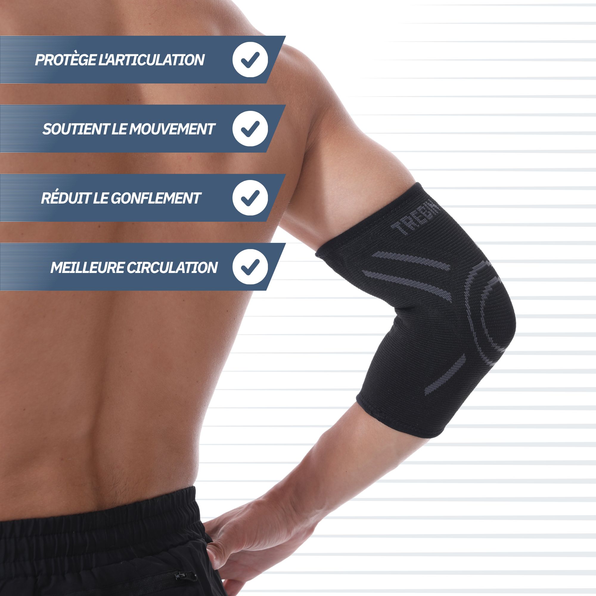 Bandeau de coude 'TREBIN' : protège l'articulation, soutient le mouvement, réduit le gonflement.
