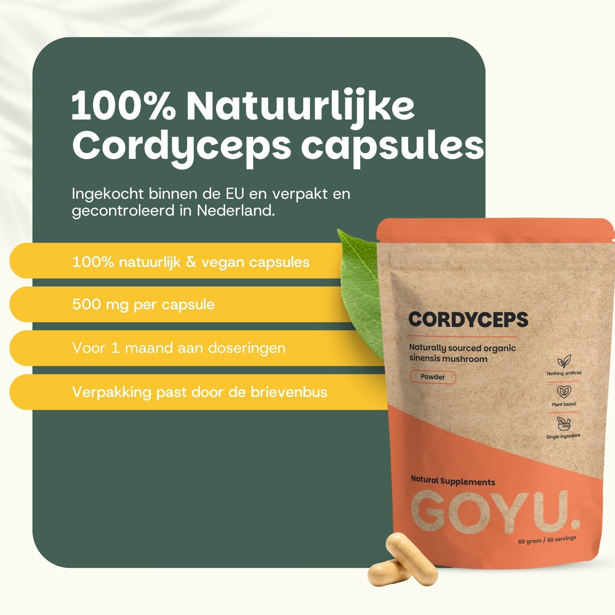 Verpakking Cordyceps-capsules naast een lijst met productkenmerken en tekst.