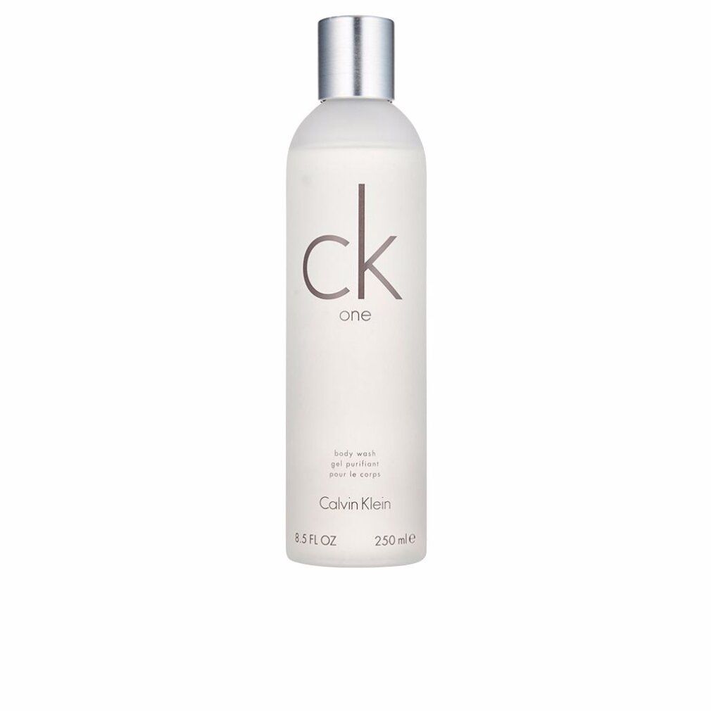 Douchegel fles met zilveren dop. Opschrift "ck one" en "Calvin Klein". 250ml.