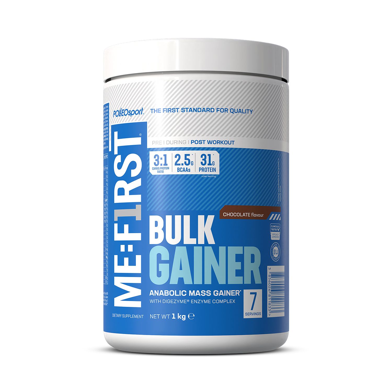 Cilindervormige pot "ME:FIRST Bulk Gainer". Blauw en wit ontwerp. Bevat informatie over BCAA en eiwitten. Chocoladesmaak.