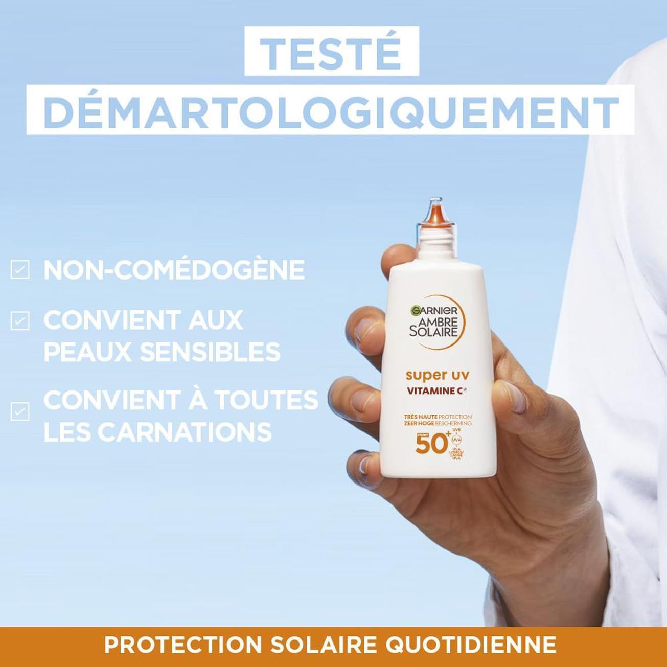 Flacon de crème solaire Garnier Ambre Solaire Super UV Vitamine C FPS 50.