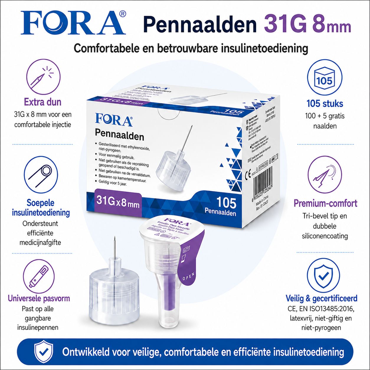 FORA Pennen naalden 31G x 8mm. Extra dun, soepele toediening, universele pasvorm. 105 stuks.