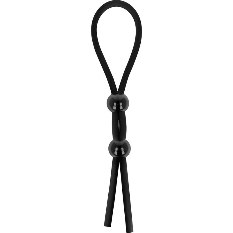 Anneau de pénis noir en silicone avec deux billes ajustables, vue verticale.