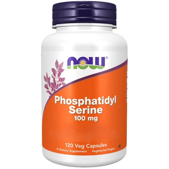 Flacon blanc, bouchon violet. Étiquette orange avec logo "NOW" et "Phosphatidyl Serine 100 mg". 120 gélules végétales.