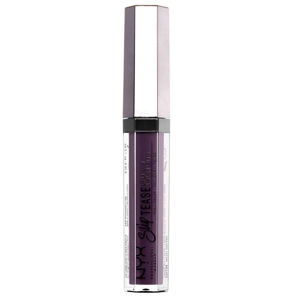 Tube de vernis à lèvres avec bouchon argenté. Inscription : NYX Slip Tease. Couleur : violet foncé. Tube transparent.
