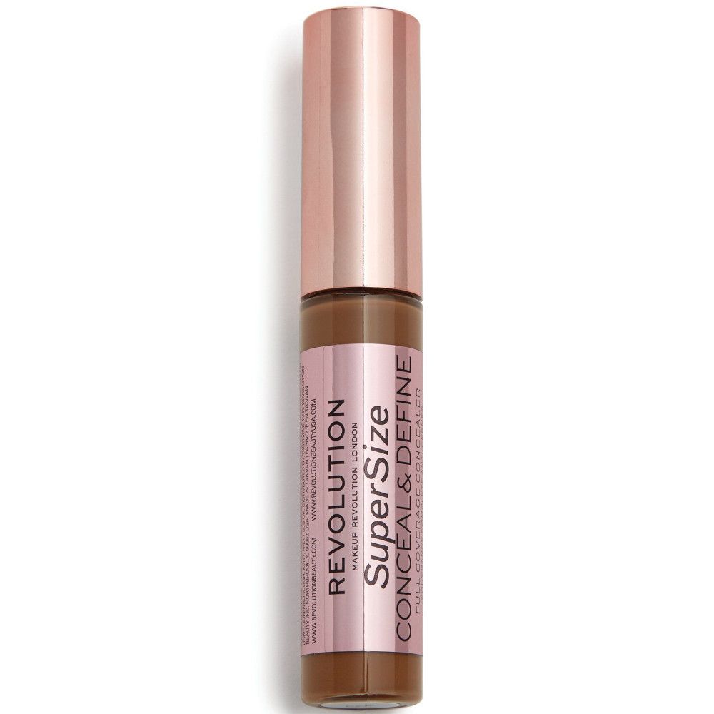 Flacon de correcteur avec bouchon or rose. Inscription: Super Size Conceal & Define.