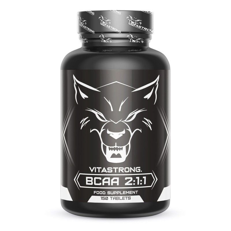 Flacon noir Vitastrong BCAA 2:1:1. 150 comprimés. Logo loup blanc. Couvercle noir. Complément alimentaire.