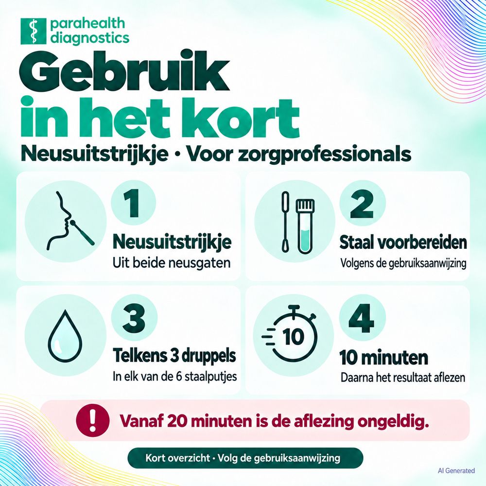 Gebruik in het kort: Neusuitstrijkje voor zorgprofessionals. Stappen: uitstrijkje, staal voorbereiden, 3 druppels, aflezen na 10 min.