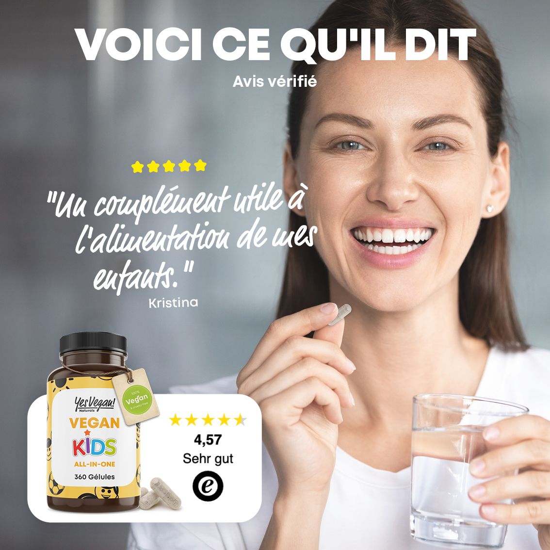Femme prenant une gélule, bouteille et avis visibles.