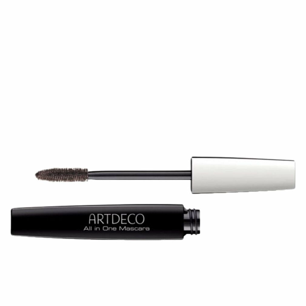 Zwarte mascarahuls met witte dop. Mascaraborstel met bruine kleur. Opschrift: ARTDECO All in One Mascara.