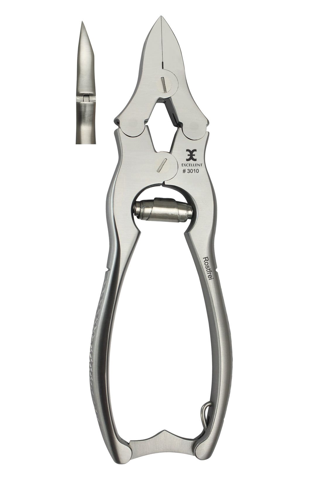 Roestvrijstalen nagelknipper. Met aparte punt. Merk Excellent, model #3010. Roestvrij.