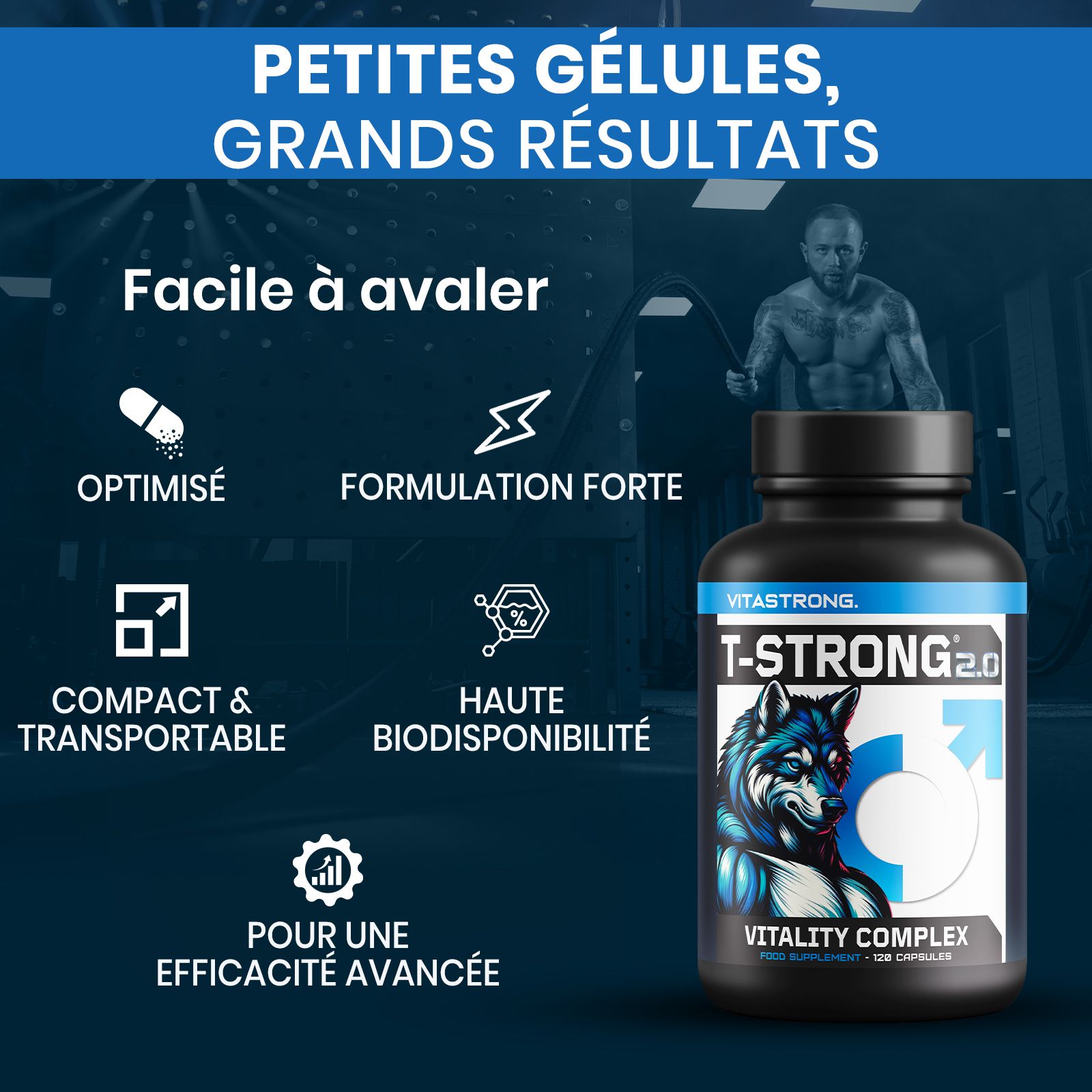 Vitastrong T-STRONG 2.0 fles. Zwarte fles met blauw etiket. Bevat 120 capsules. Ingrediënten afgebeeld.