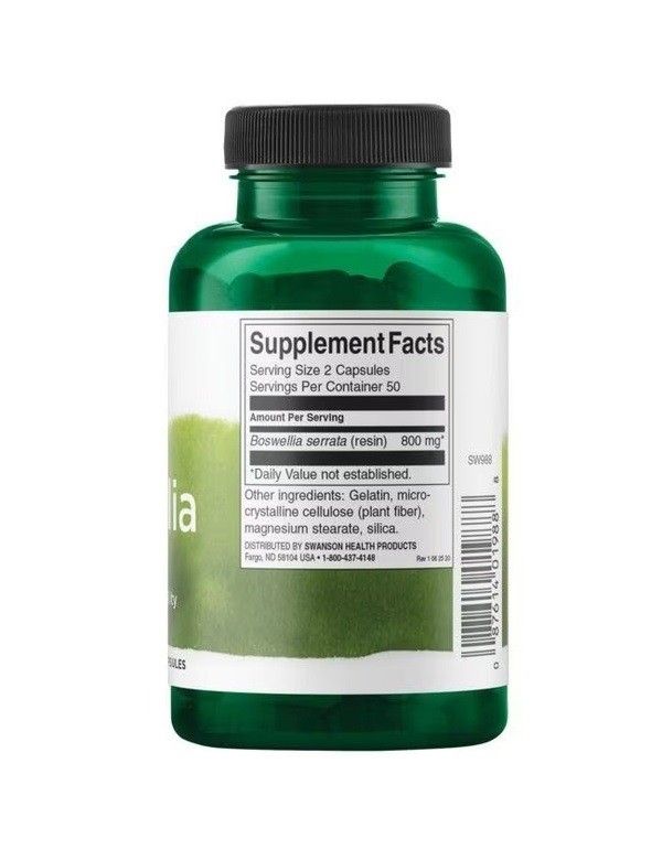 Arrière d'une bouteille verte de Swanson Boswellia Serrata avec informations nutritionnelles.