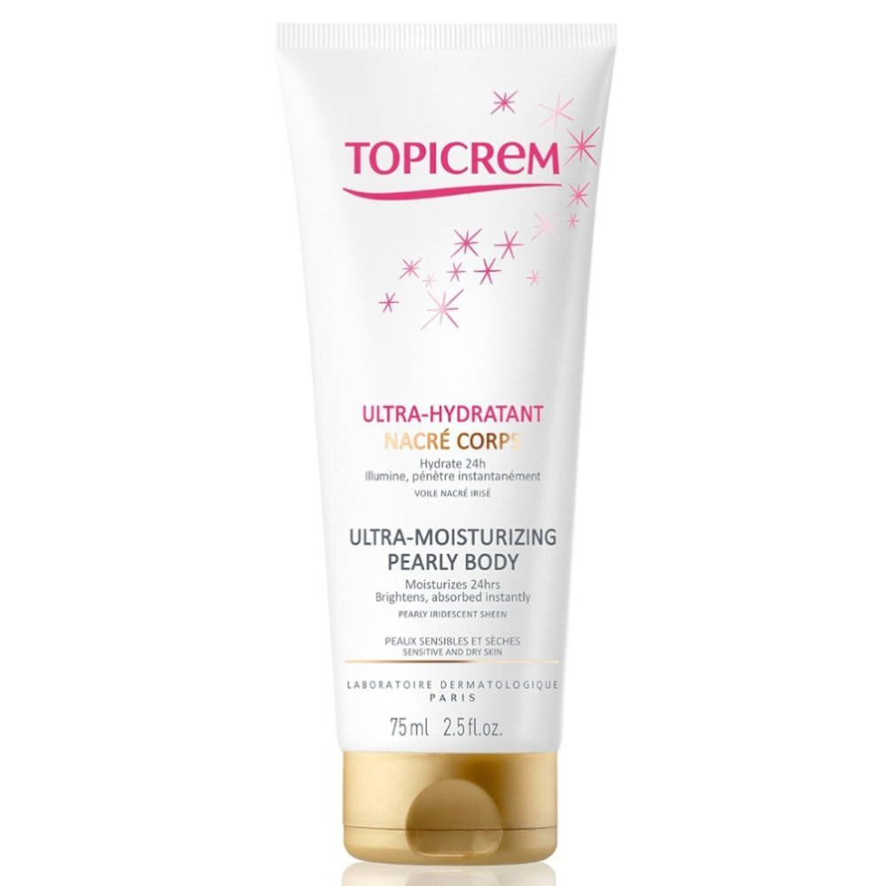 Witte tube met roze en zwarte tekst. Gouden dop. Tekst: TOPICREM, ULTRA-HYDRATANT NACRÉ CORPS, 75 ml.