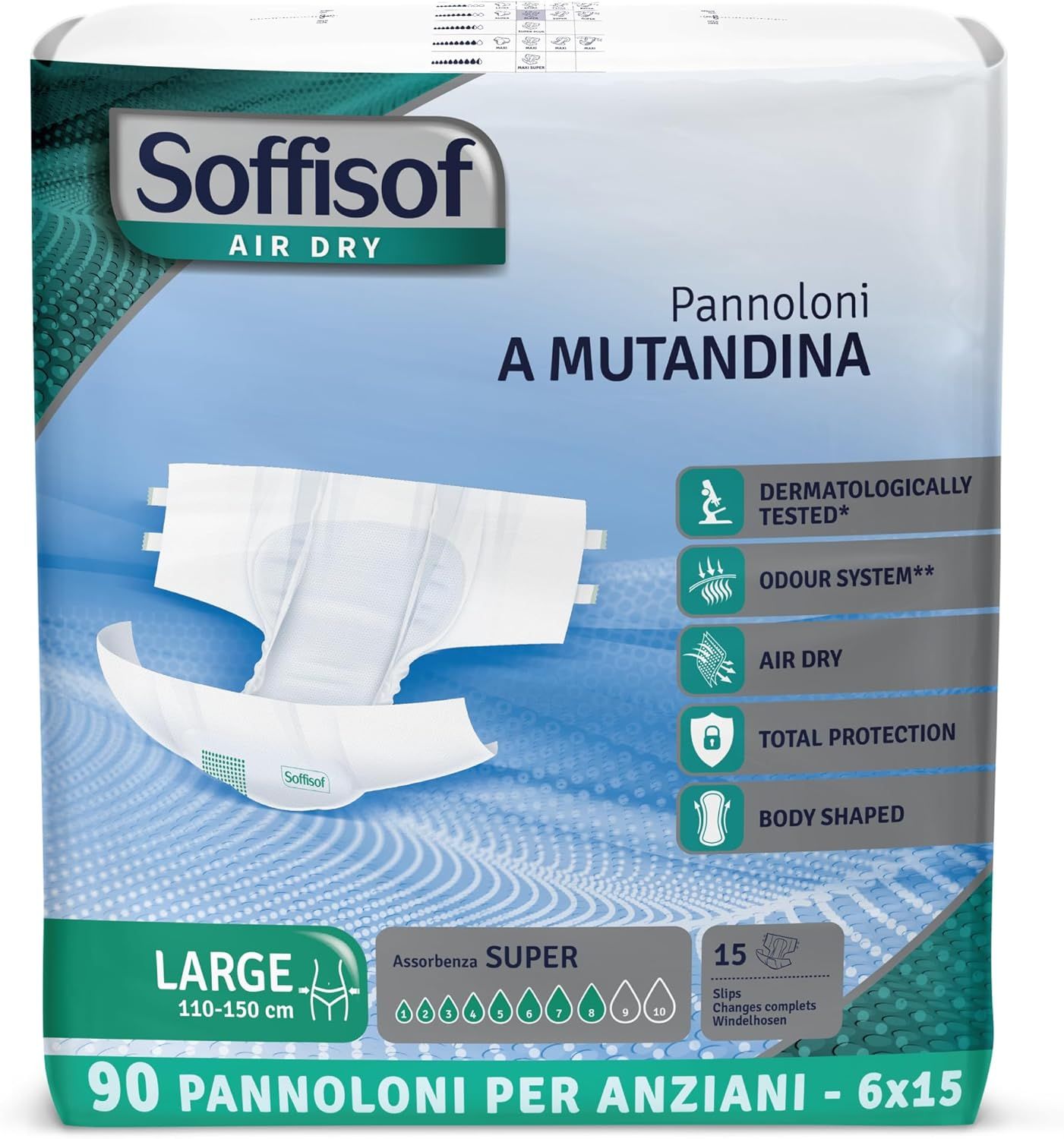 Soffisof Air Dry luiers. Maat L, 110-150 cm. 90 stuks. Dermatologisch getest. Geursysteem. Air Dry. Totale bescherming. Vorm lichaam.