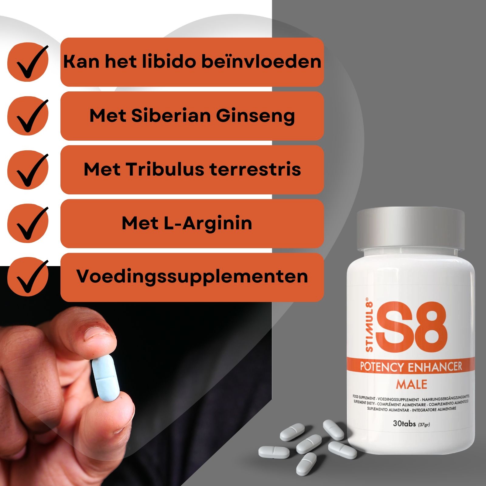 Fles S8 Potency Enhancer Male en tabletten. Tekst: Kan de libido beïnvloeden, met Siberian Ginseng, Tribulus terrestris, L-Arginine.
