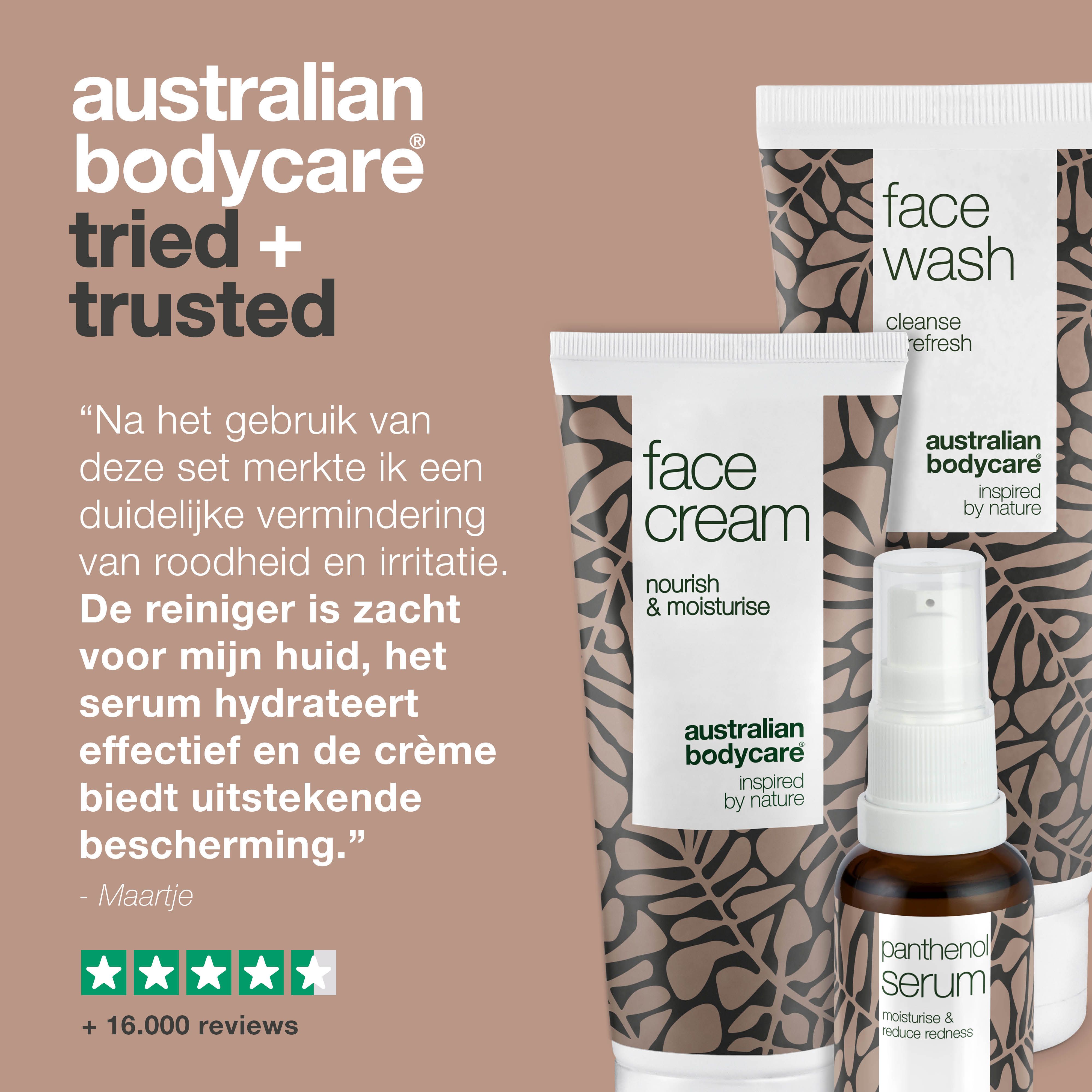 Collage met mensen en producten. Tekst: Australian Bodycare, Skincare sinds 1990, +100.000 tevreden klanten.