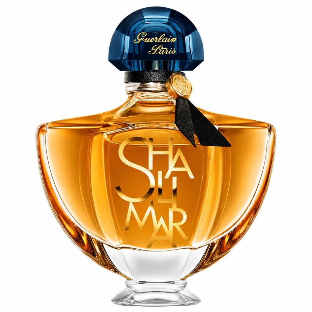 Flacon Guerlain Shalimar Eau de Parfum Intense au liquide doré et bouchon bleu.
