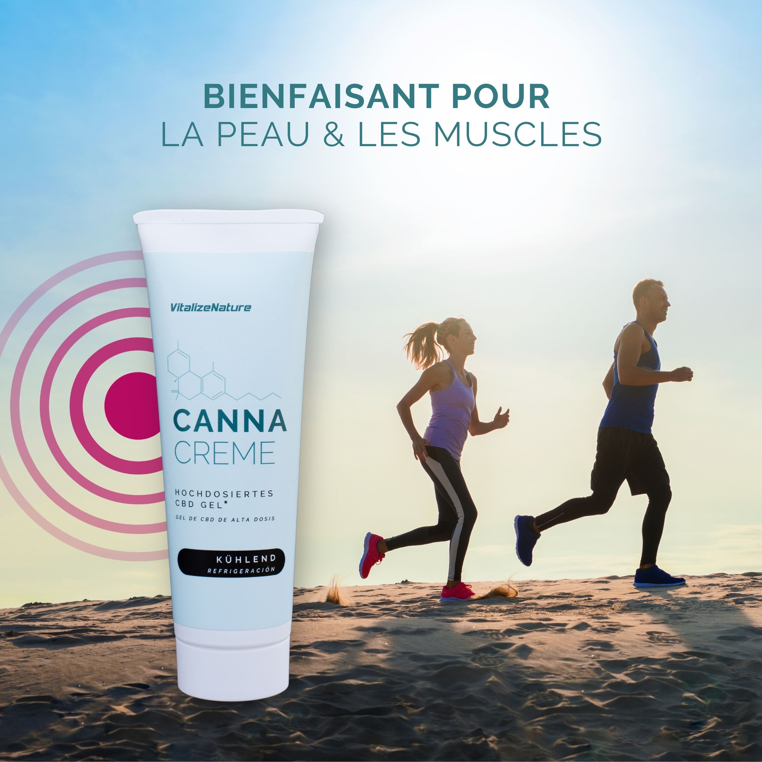 Tube de Canna Creme. Deux personnes font du jogging. Texte : BIENFAISANT POUR LA PEAU & LES MUSCLES.
