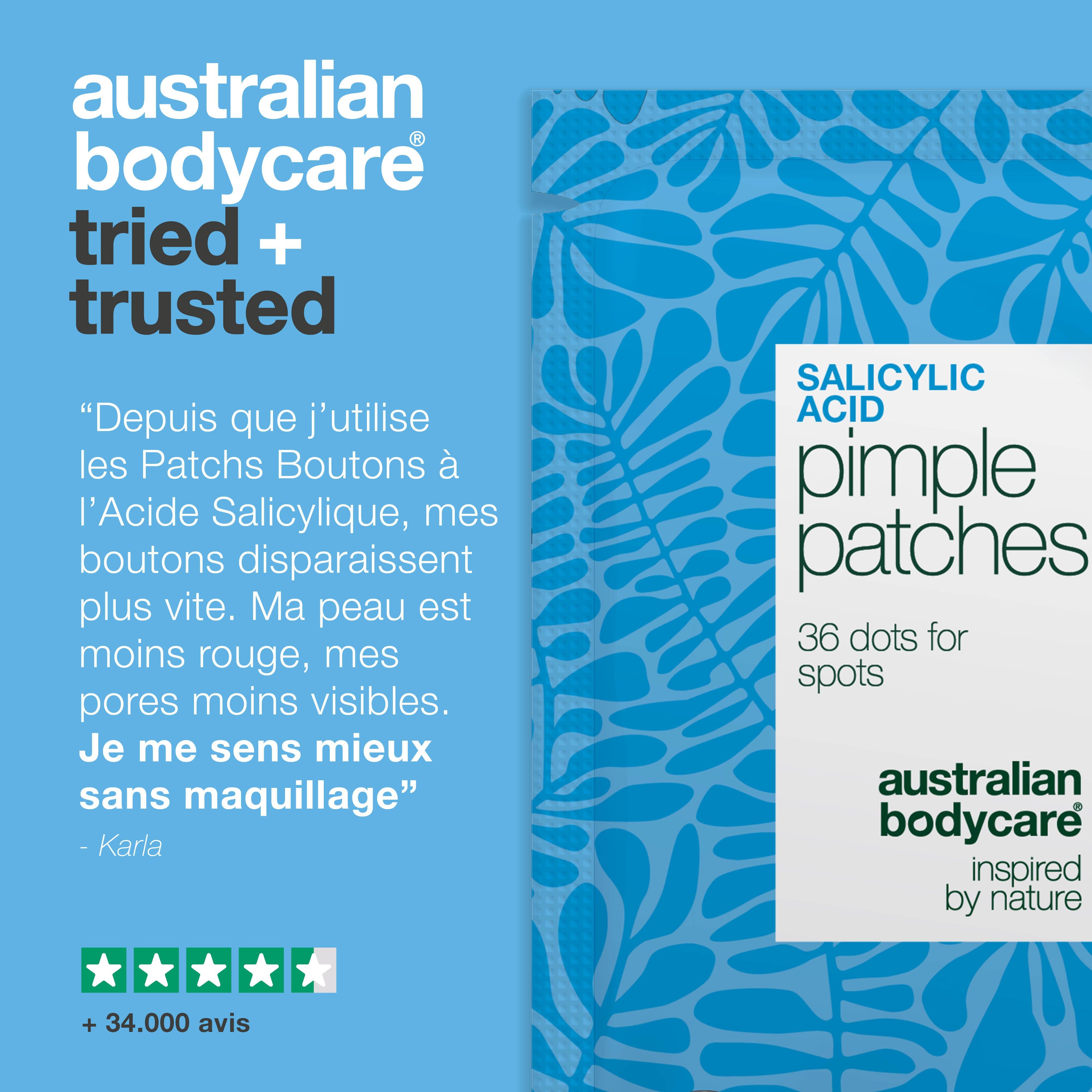 Paquet de patchs anti-boutons bleu et blanc. Texte : Australian Bodycare tried + trusted. Citation. Évaluation 5 étoiles.