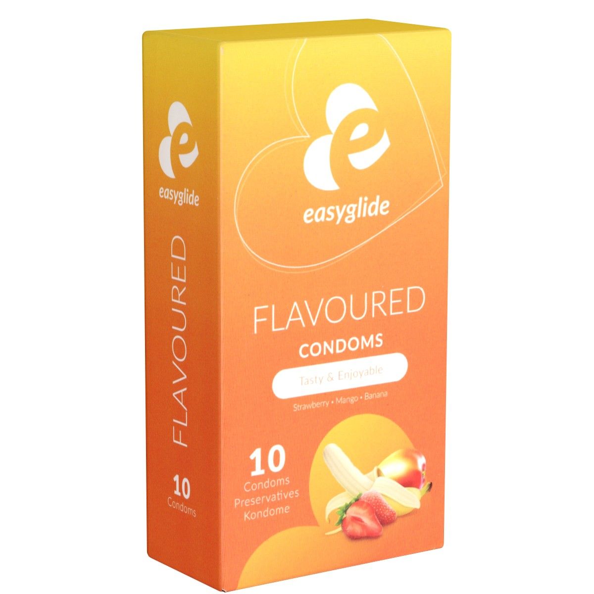 Boîte de préservatifs EasyGlide aromatisés. Orange-jaune, avec inscription "FLAVOURED CONDOS", 10 pièces. Saveurs fraise, mangue, banane.