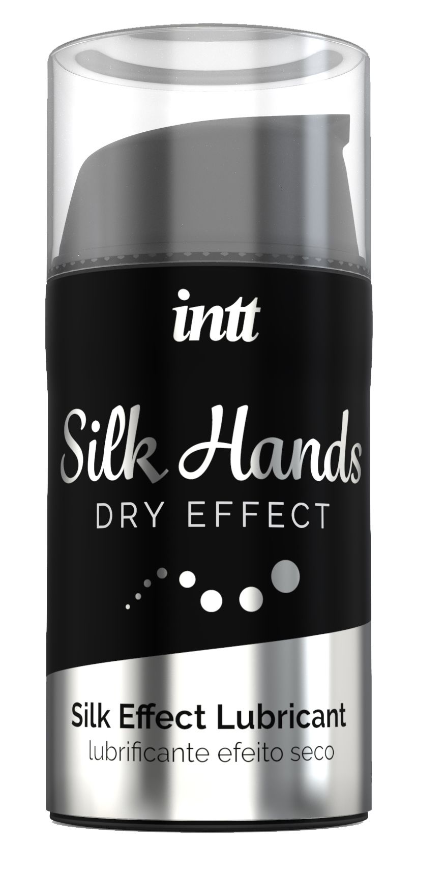 Lubrifiant Intt Silk Hands Dry Effect dans une bouteille noire avec distributeur à pompe.