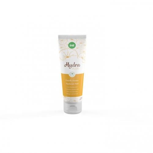 Tube met Hydra Plus glijmiddel, wit-geel met bloemenpatroon. Bevat Centella Asiatica en Hyaluronzuur.