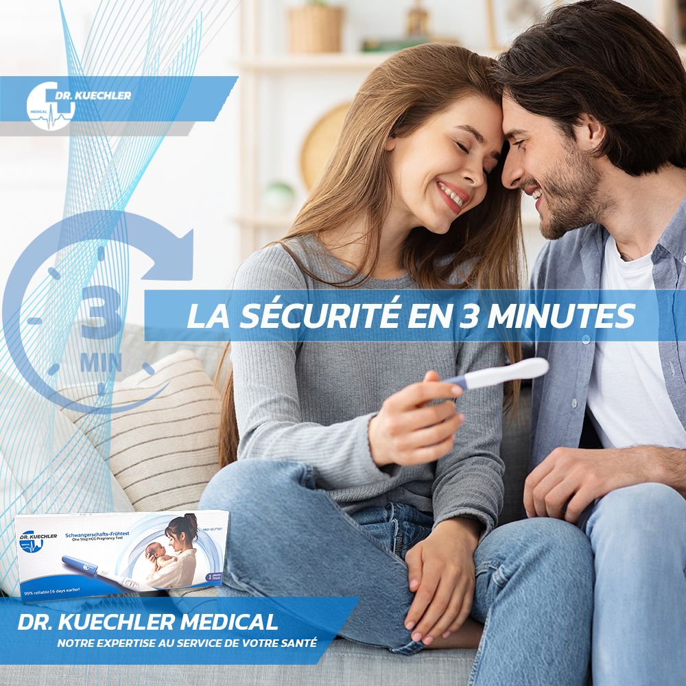 Couple heureux tenant un test de grossesse. "Résultat en 3 minutes".