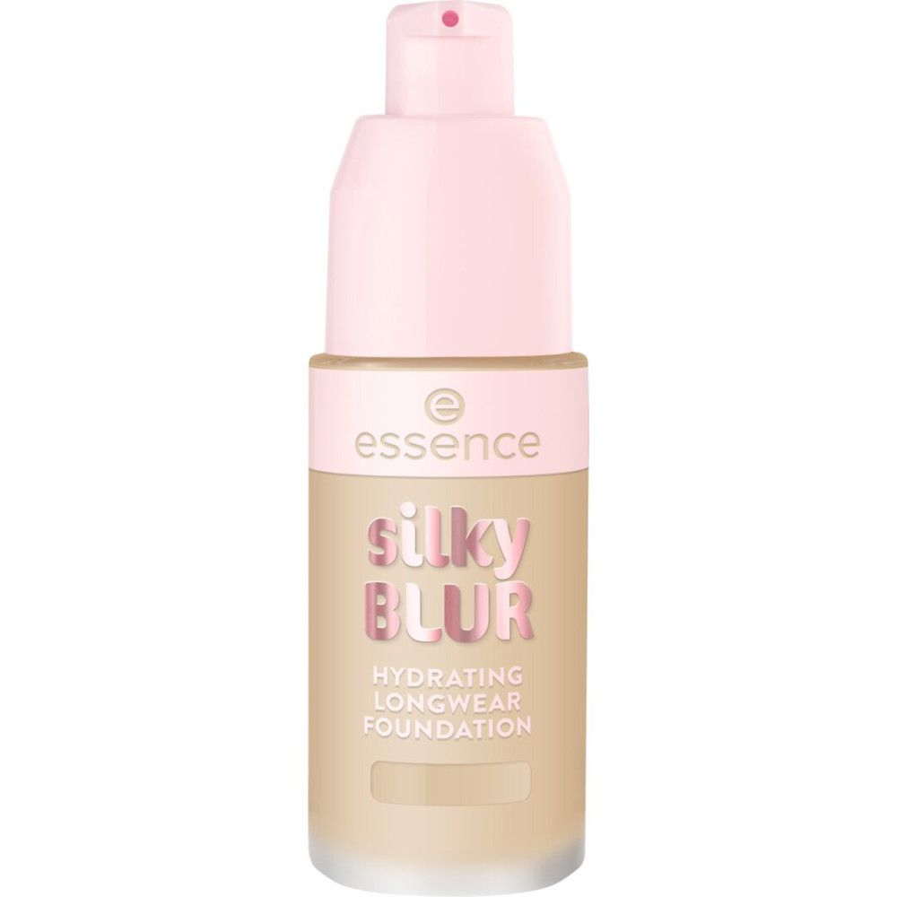 Essence foundationfles met roze pomp. Opschrift: Silky Blur, Hydrating Longwear Foundation.