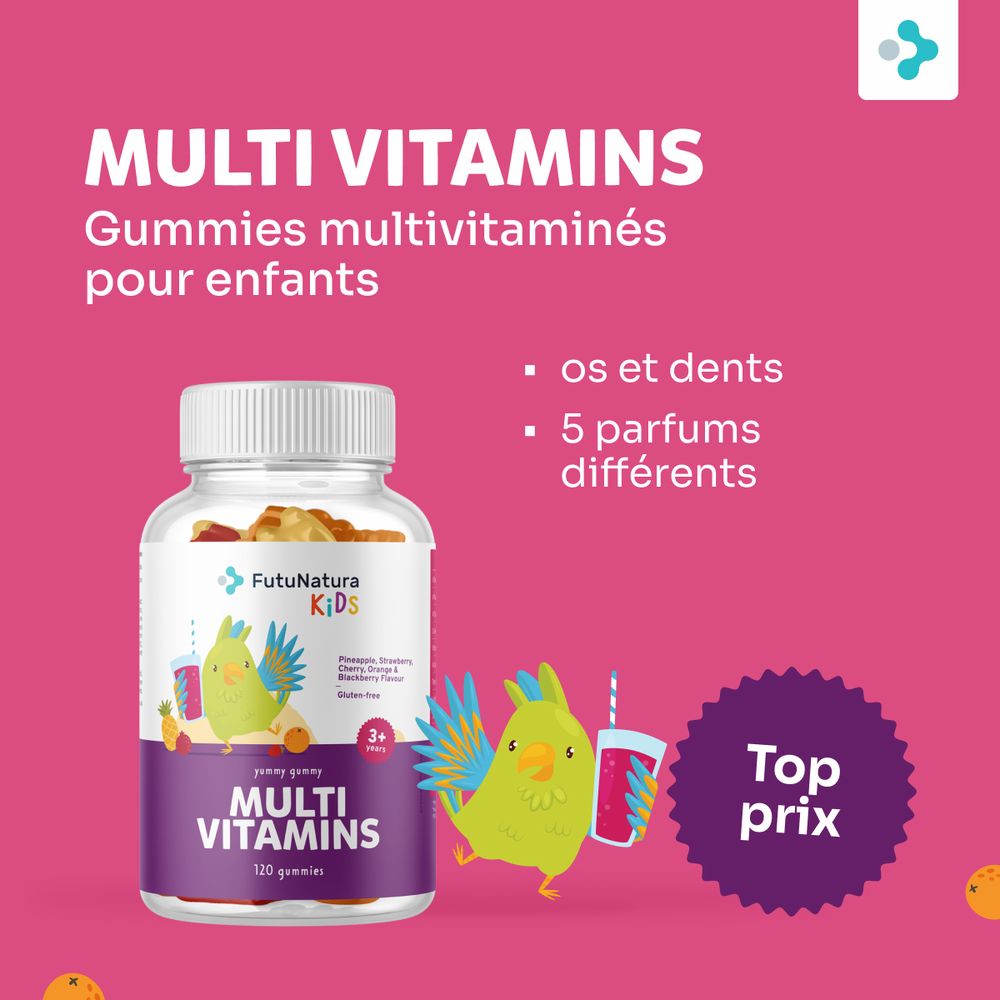 Bouteille FutuNatura Kids Multi Vitamins. Bonbons dans le verre. Texte: Multi Vitamins, os et dents, 5 saveurs, Top prix.
