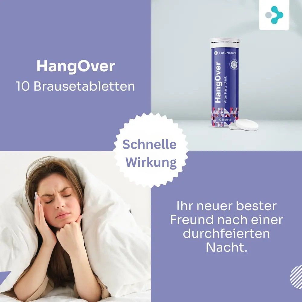 Image publicitaire avec comprimés "HangOver". Femme sous une couverture. Texte: "Effet rapide". "Votre nouveau meilleur ami après une nuit de fête".