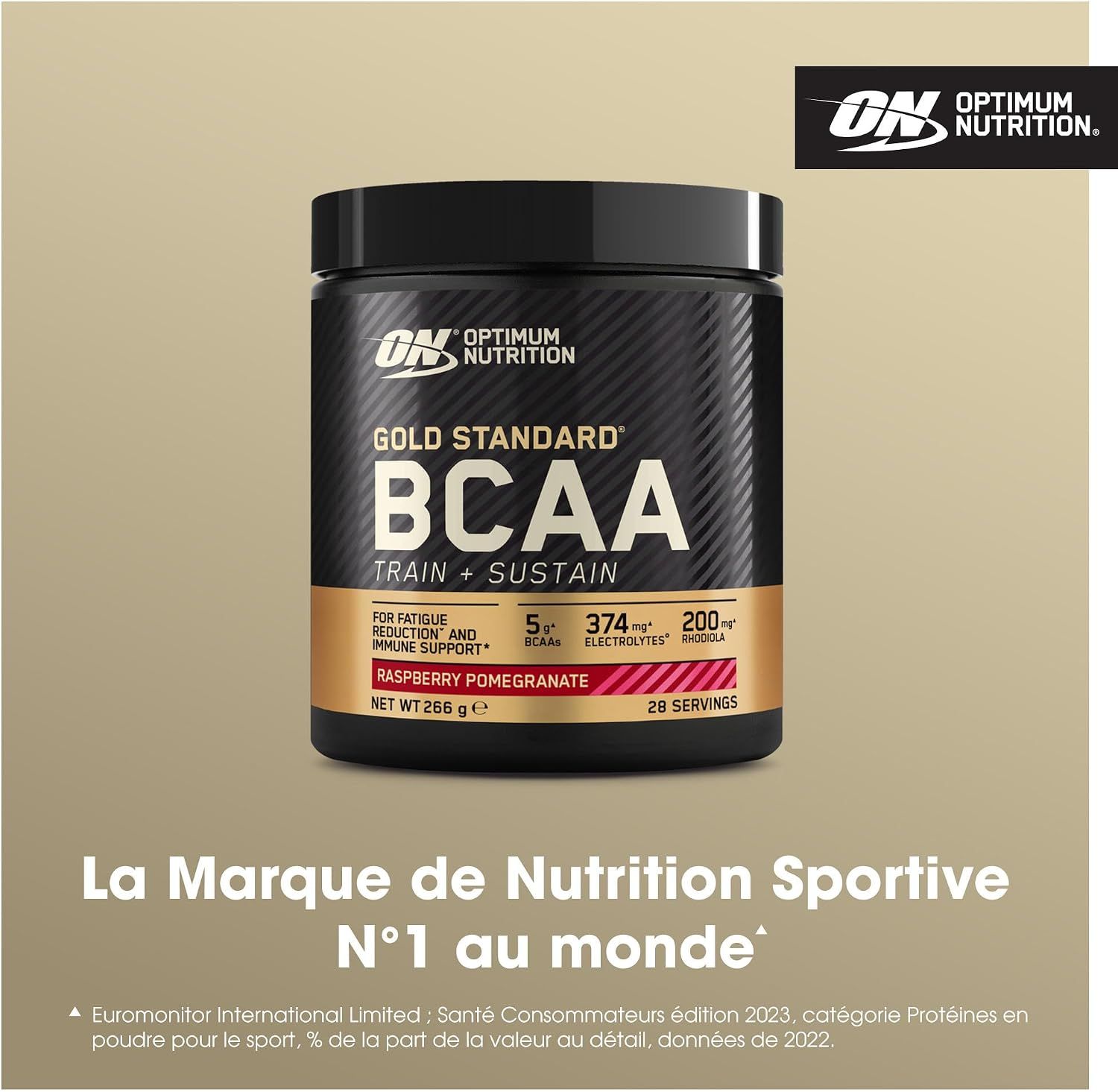 Boîte Optimum Nutrition BCAA Train+Sustain Framboise-Grenade sur fond beige.
