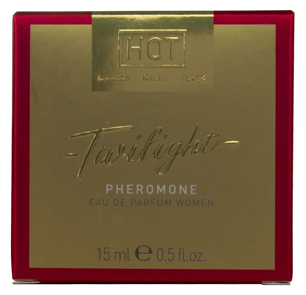 Rode doos met gouden voorkant, opschrift "Twilight Pheromone Eau de Parfum Women", 15ml.