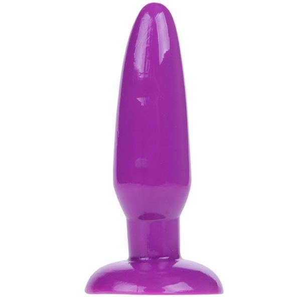 Petit plug anal violet en matière lisse avec une base large.