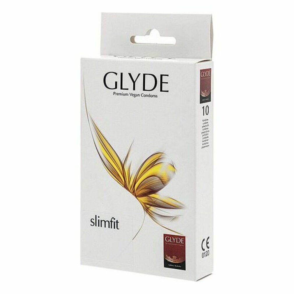 Verpakking met condooms. Opschrift: GLYDE, Slimfit, 10 stuks. Vegan-keurmerk. Bloemen decoratie.