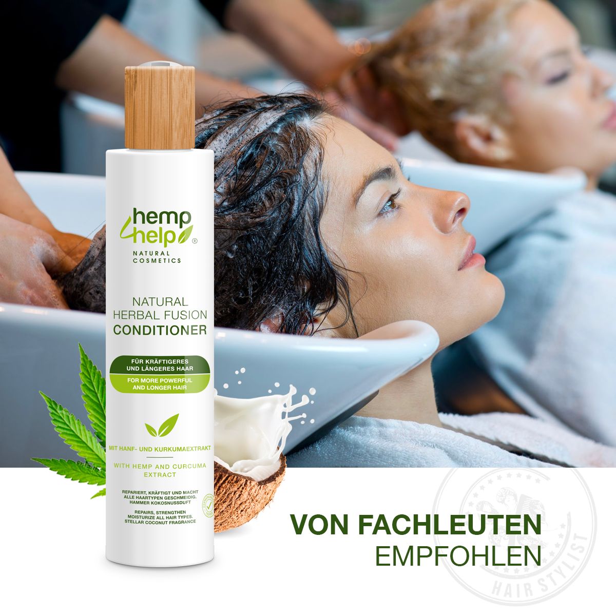 Vrouw krijgt haar gewassen. Fles conditioner ernaast. Tekst: Aanbevolen door experts.