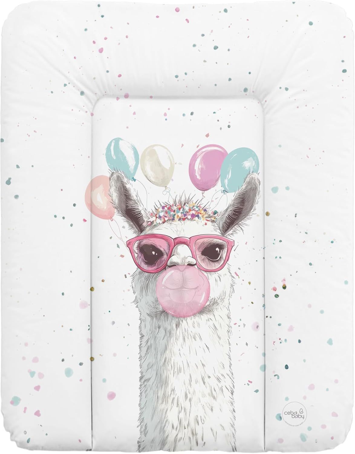 Zachte aankleedkussen met lama-motief. Wit met gekleurde spikkels. Lama met bril en kauwgomblaas.