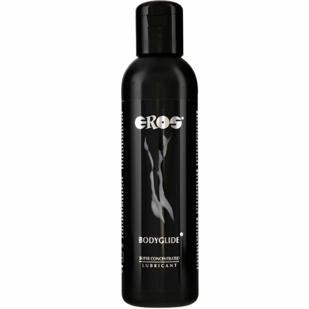 Flacon noir avec EROS Bodyglide Super Concentrated Lubricant. Logo argenté et silhouette stylisée.