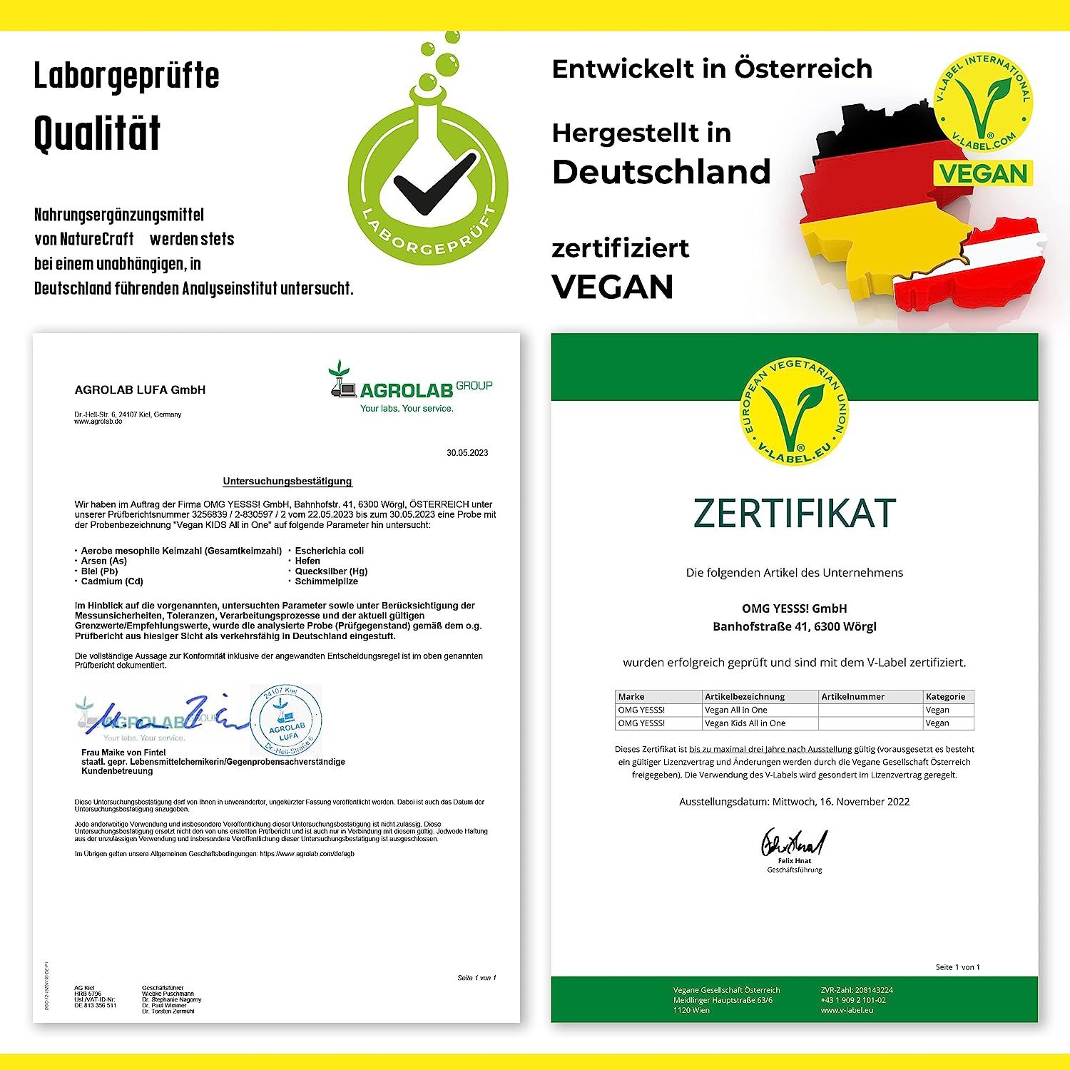 Deux certificats. Texte : Qualité testée en laboratoire, fabriqué en Autriche, certifié Vegan. V-Label Vegan.