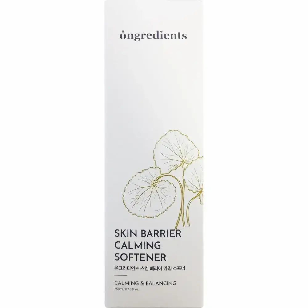 Witte verpakking met productnaam en merk: ONGREDIENTS Skin Barrier Calming Softener. Illustratie van bladeren.