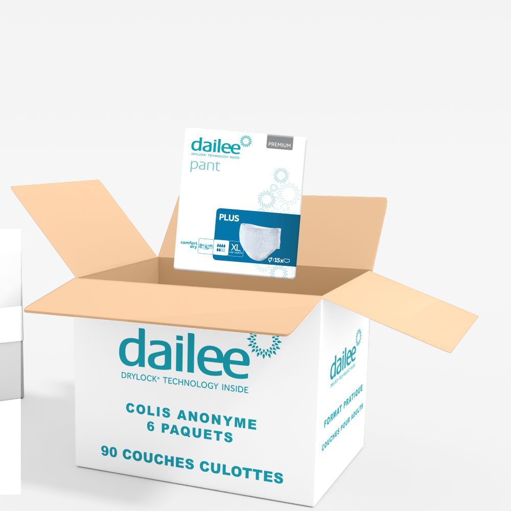 Boîte ouverte avec emballage Dailee Pants Plus. 6 paquets, 90 couches.