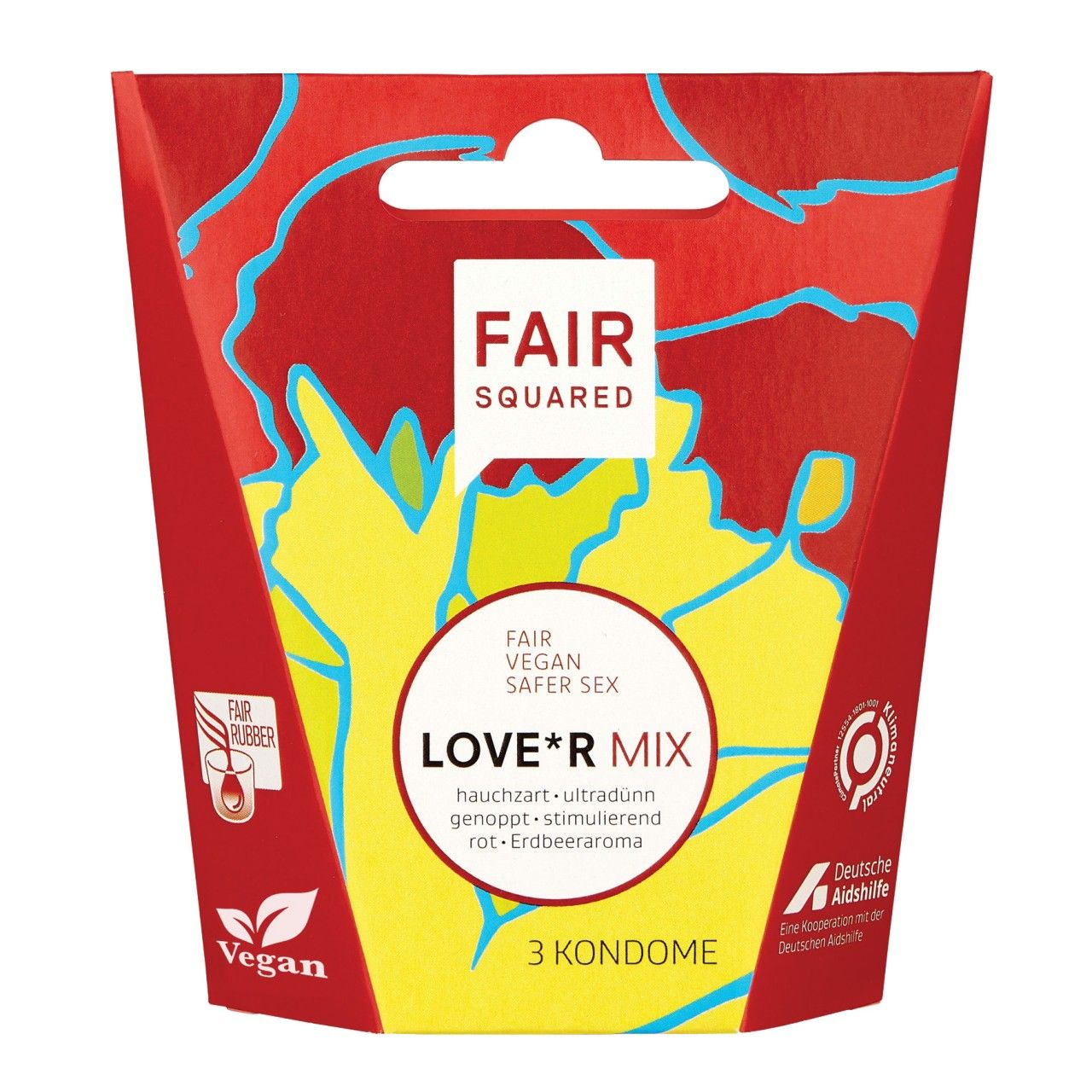 Emballage de préservatifs Fair Squared Love*r Mix, 3 pièces. Design rouge avec des éléments jaunes et bleus.