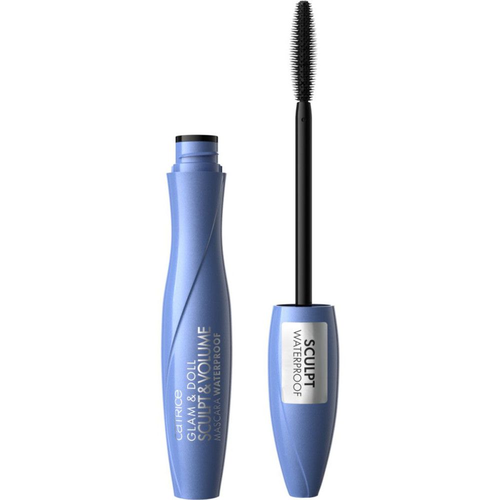 Brosse et contenant de mascara bleus. Inscription: Glam & Doll Sculpt & Volume Waterproof. Brosse sortie.