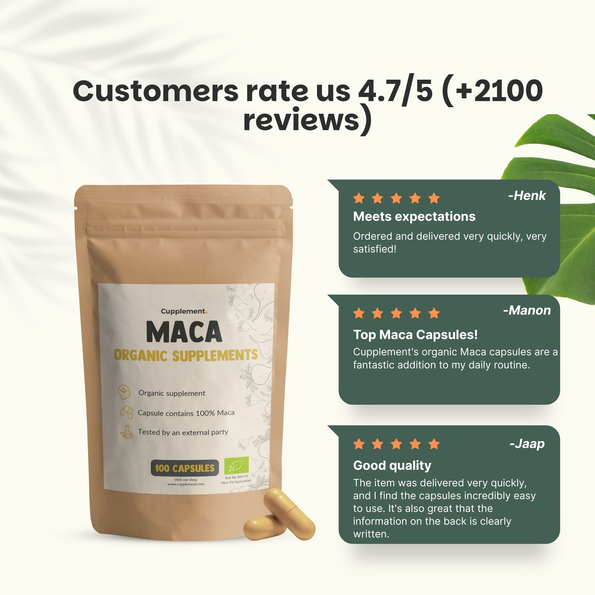 Sachet brun avec gélules. Impression: Maca, Compléments biologiques. 100 gélules. 500 mg par gélule. Certification.