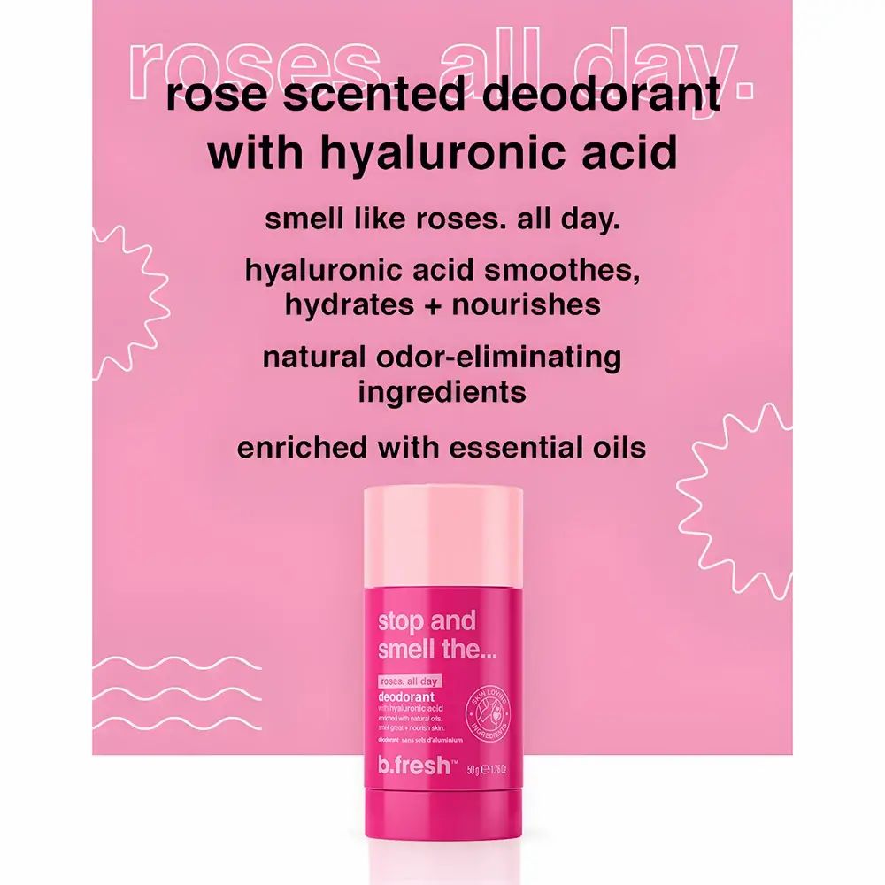 Roze achtergrond met tekst: rose scented deodorant with hyaluronic acid. Deodorantstick. Tekst: Stop and smell the... B.fresh.