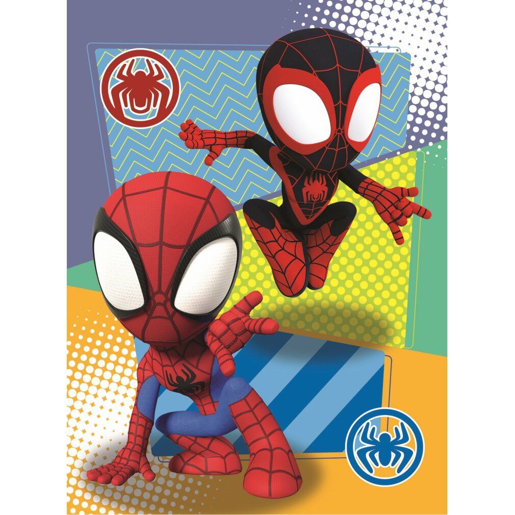 Deux figurines Spidey en style bande dessinée. Costumes rouge et noir, logo araignée. Fond avec motifs géométriques.