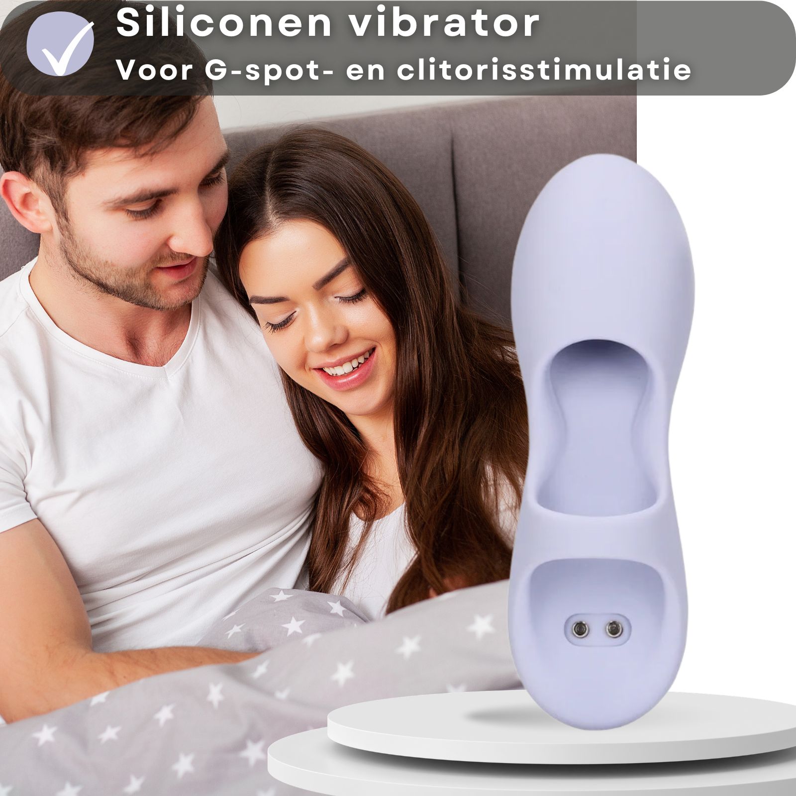 Lila vibrator. 10 vibraties, USB oplaadbaar. Handvorm silhouet.