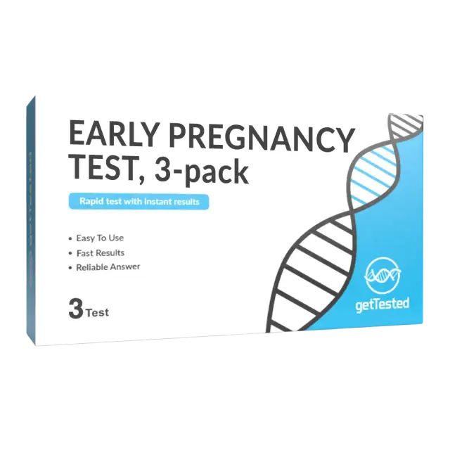 Boîte de test de grossesse, lot de 3. Inscription: Early Pregnancy Test. Contient 3 tests. Marque: getTested.