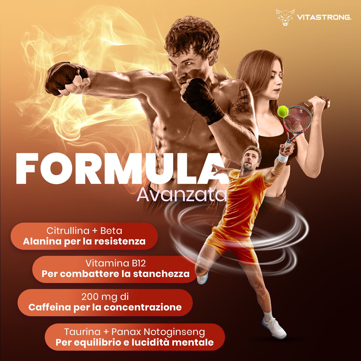 Reclamebeeld met atleten. Tekst: Geavanceerde formule. Ingrediënten: Citrulline, Beta Alanine, Vitamine B12, Cafeïne, Taurine.