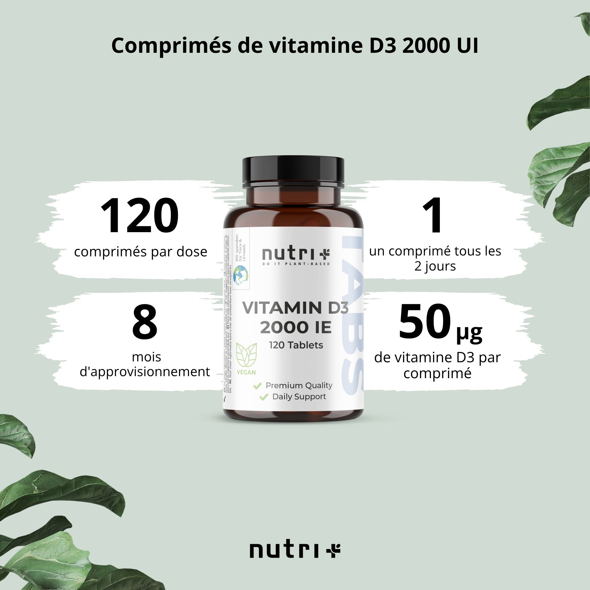 Flacon brun, bouchon noir. Inscription: nutri+ TABS, Vitamine D3 2000 UI, 120 comprimés. Verso.